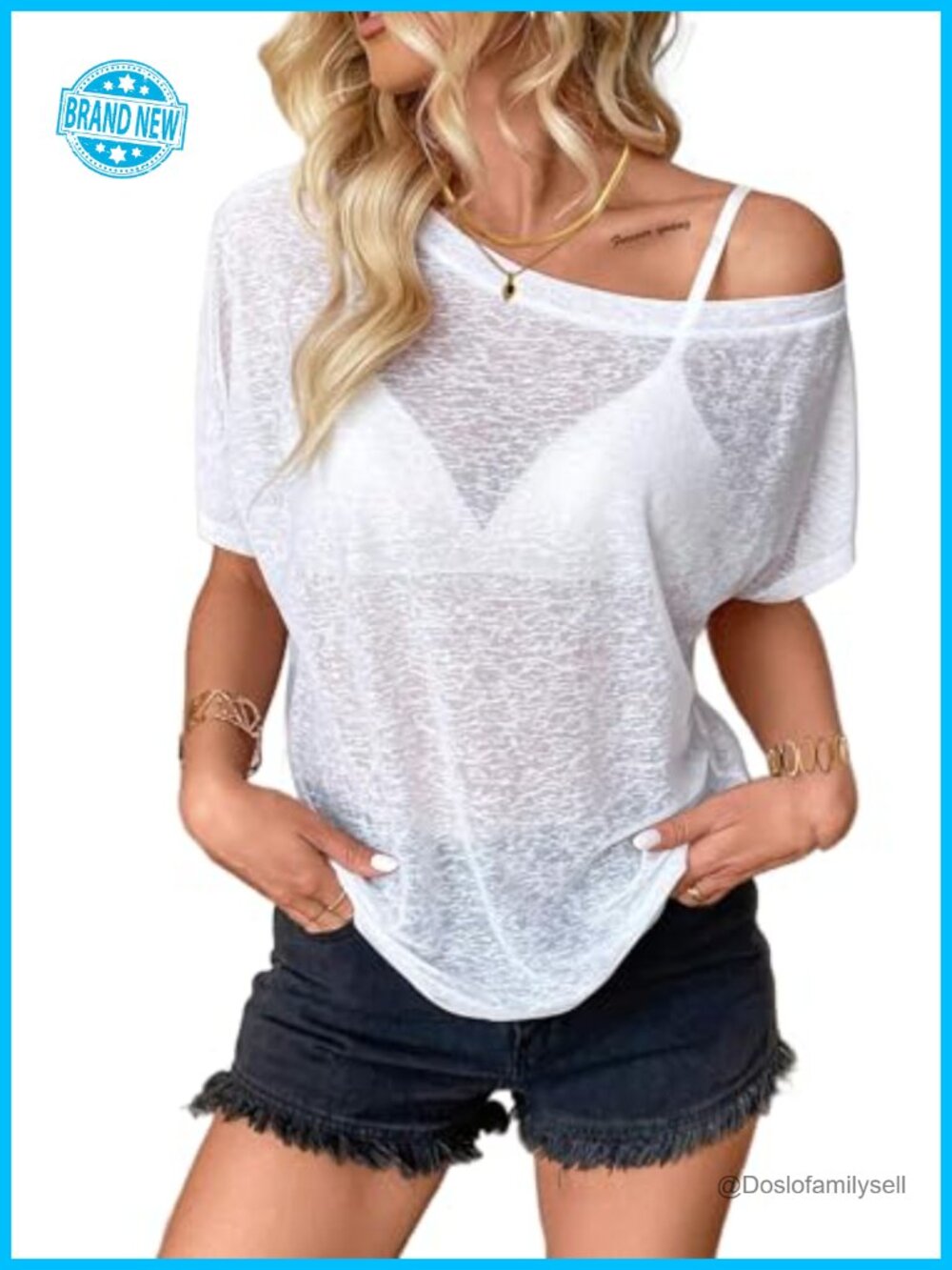 Hilinker Women's Sheer Mesh Off Shoulder Short Sleeve Top Loose Fit Sexy Summer